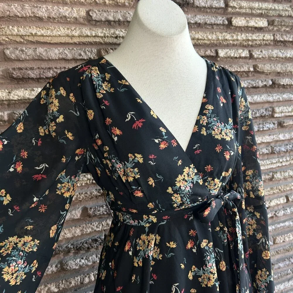 Free People Lilou Black Retro Floral Skater Mini Dress Size Small